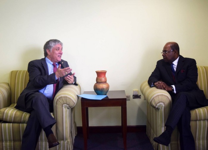 Minister of Tourism and Entertainment Hon. Edmund Bartlett (right) met with the US Ambassador to Jamaica Luis Moreno at the Ministry’s New Kingston Offices on March 9, 2016.  The pair and other senior officials from the Ministry of Tourism and the US Embassy discussed the prospects of preclearance operations for Jamaica, efforts to boost the presence of US brands in the local hotel industry as well as visitor safety.  This is Ambassador Moreno’s second meeting with a member of newly appointed Cabinet, which was sworn in on Monday March 7, 2016. The US Ambassador and his staff are also the first foreign officials to meet with Mr. Bartlett since his return to the Ministry in his second stint as Minister.