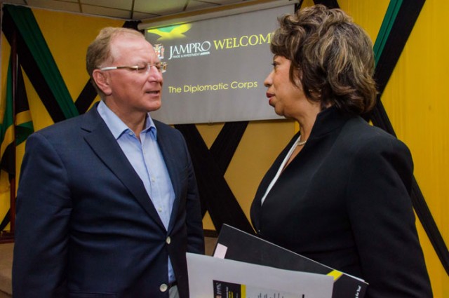 President of Jamaica Promotions Corporation (JAMPRO), Diane Edwards (right), is in discussion with Ambassador of Poland to 
Jamaica, His Excellency, Piotr Kaszuba, following a briefing session for members of the diplomatic corps held today (February 11), at JAMPRO's New Kingston offices. The session was part of the programme of activities to mark the 17th annual staging of Diplomatic Week, by the Ministry of Foreign Affairs and Foreign Trade.