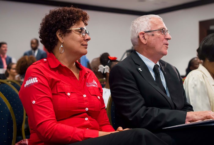 Minister of Education, Hon. Rev. Ronald Thwaites (right) and Chairman of the Joan Duncan Foundation,  Patricia Sutherland, share in the launch ceremony of Conversations for Greatness held at the Pegasus Hotel on Tuesday, October 13. The project is to be facilitated in 150 public schools as a collaboration of the Ministry with the Joan Duncan Foundation, an organisation under the JMMB Group.