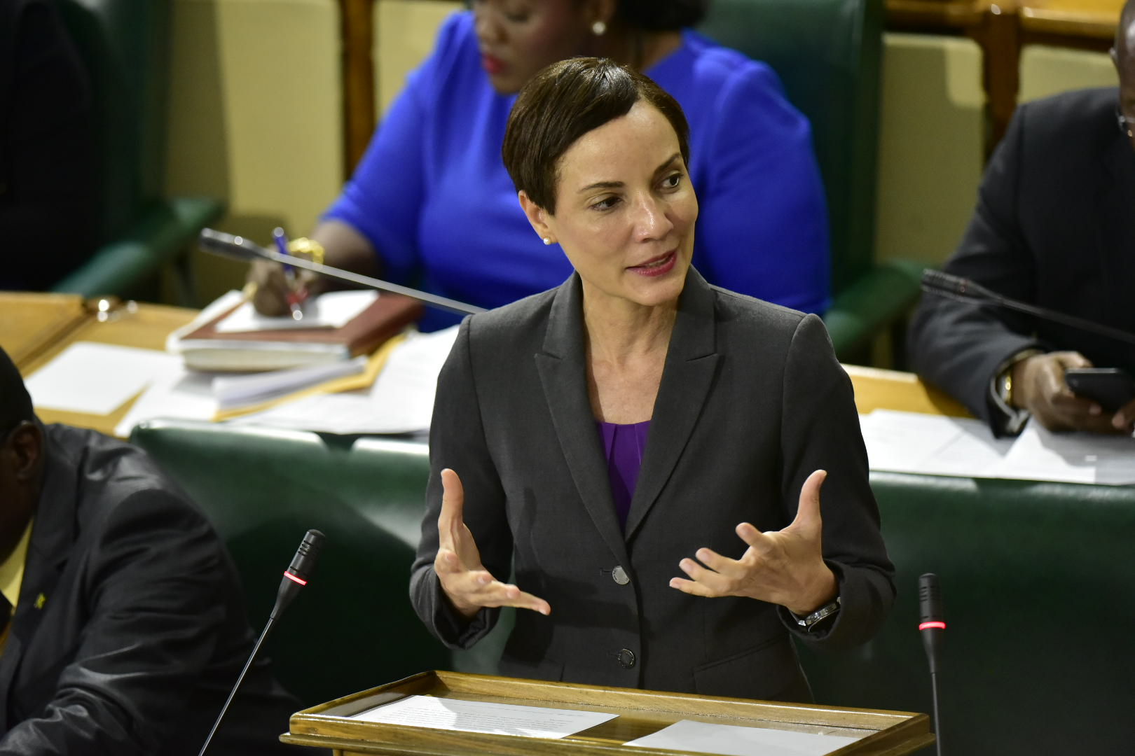 Leader of Government Business in the Senate and Minister of Foreign Affairs and Foreign Trade, Senator Hon. Kamina Johnson Smith, emphasizes a point during Friday's (June 29) sitting of the Senate at Gordon House.