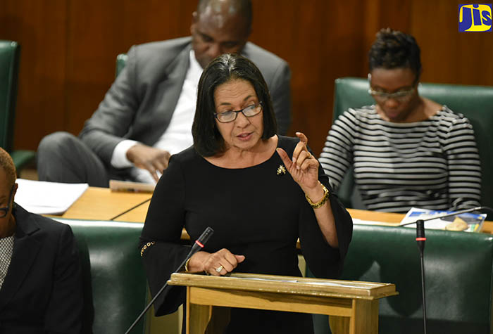 (FILE) Minister of Labour and Social Security, Hon. Shahine Robinson, emphasies a point during her contribution to the 2018/19 Sectoral Debate in the House of Representatives on June 26.