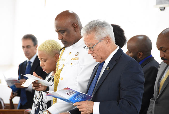 President of the Caribbean Maritime University (CMU), Professor Fritz Pinnock (centre), and Mrs. Pinnock (left), are joined by Director General of the Maritime Authority of Jamaica, Rear Admiral Peter Brady, at the service of thanksgiving in recognition of Maritime Awareness Week, held on Sunday (September 23) at the St. Peter’s Anglican Church in Port Royal.  The week is being observed from September 23 to 28. 