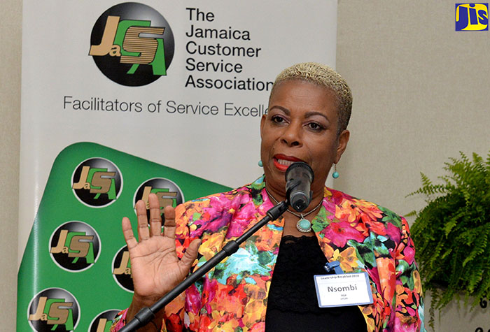 Chairman of the Jamaica Customer Service Association (JaCSA), Dr. Nsombi Jaja addresses the JaCSA leadership breakfast forum held at the Spanish Court Hotel in New Kingston on September 26.
