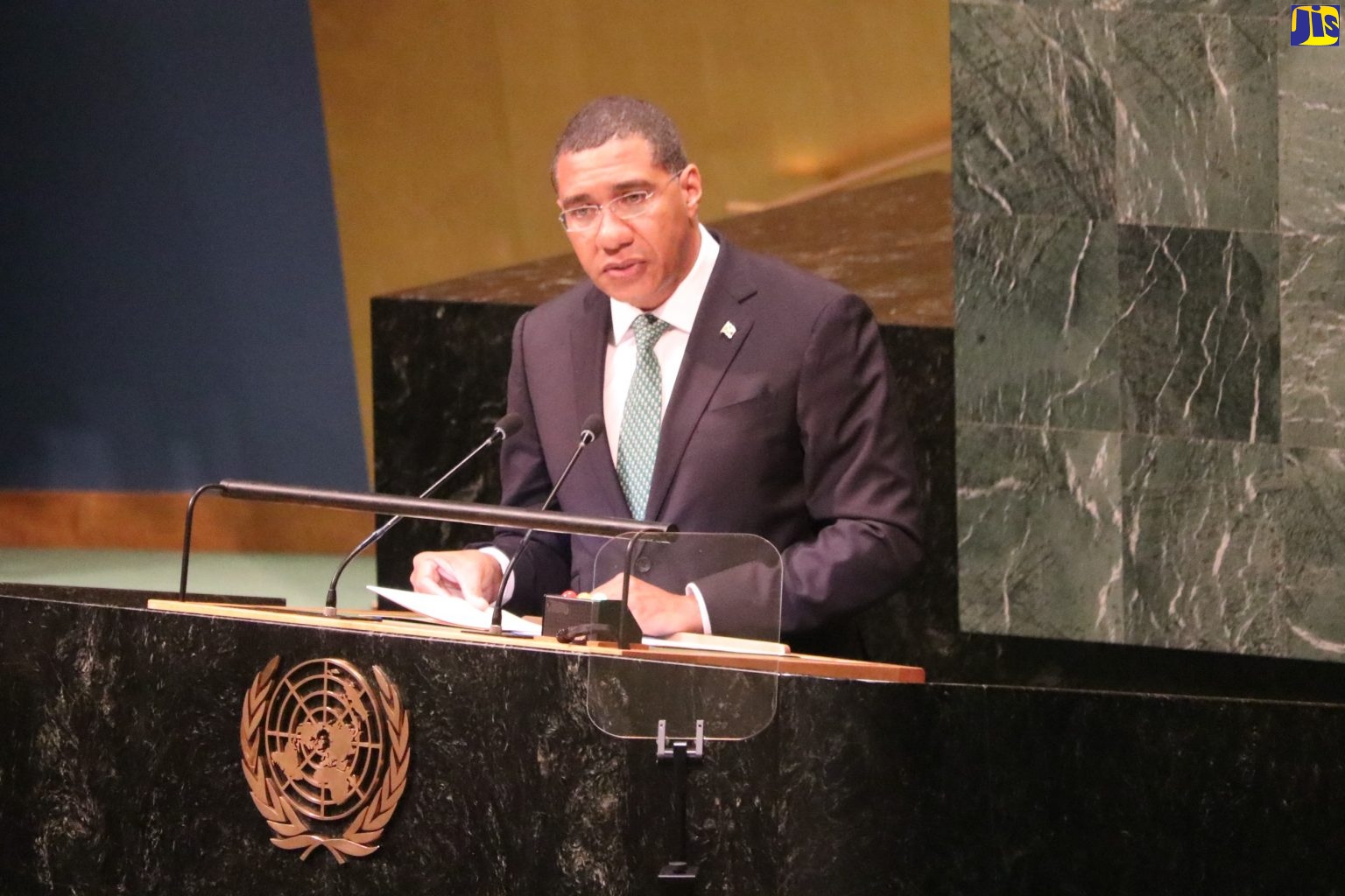 Prime Minister, the Most. Hon.  Andrew Holness, delivers Jamaica’s Policy Statement at the 73rd Session of the United Nations (UN) General Assembly, at the UN headquarters in New York.