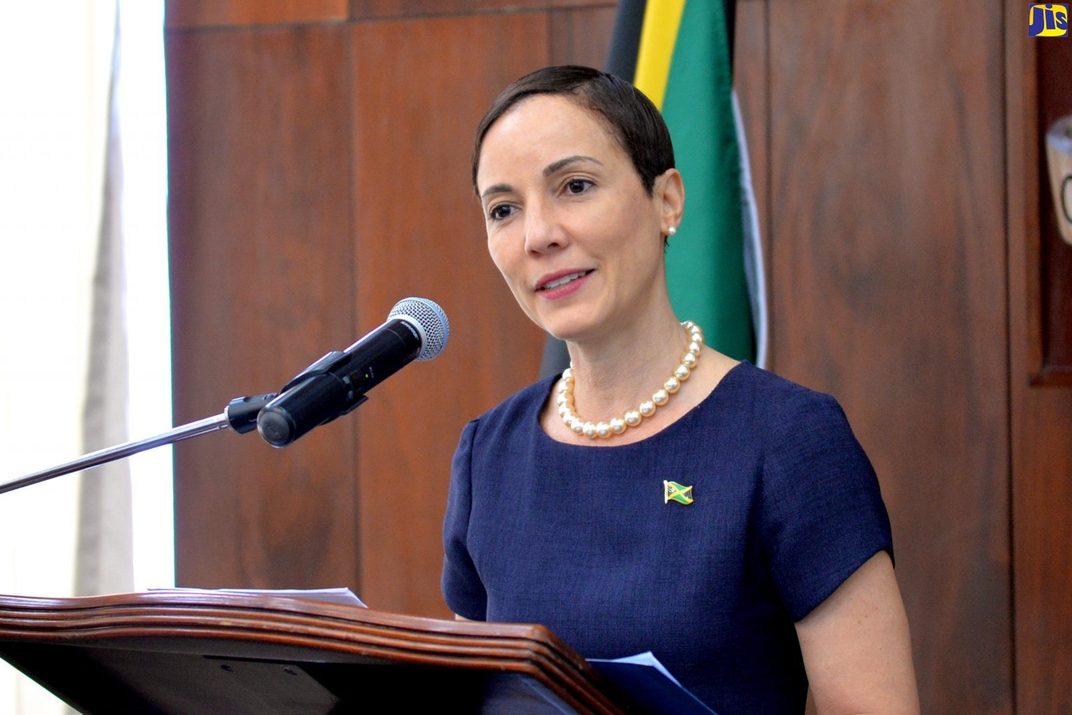 Foreign Affairs and Foreign Trade Minister, Senator the Hon. Kamina Johnson Smith, provides an update of developments with State refinery, Petrojam, during a press conference at Jamaica House on Tuesday (February 12).