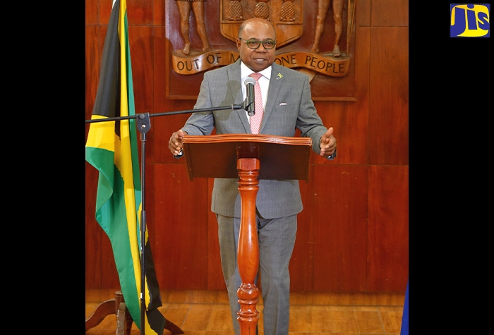 Minister of Tourism, Hon. Edmund Bartlett, speaking at the post-Sectoral press briefing in the Banquet Hall, Jamaica House on Wednesday (May 1).