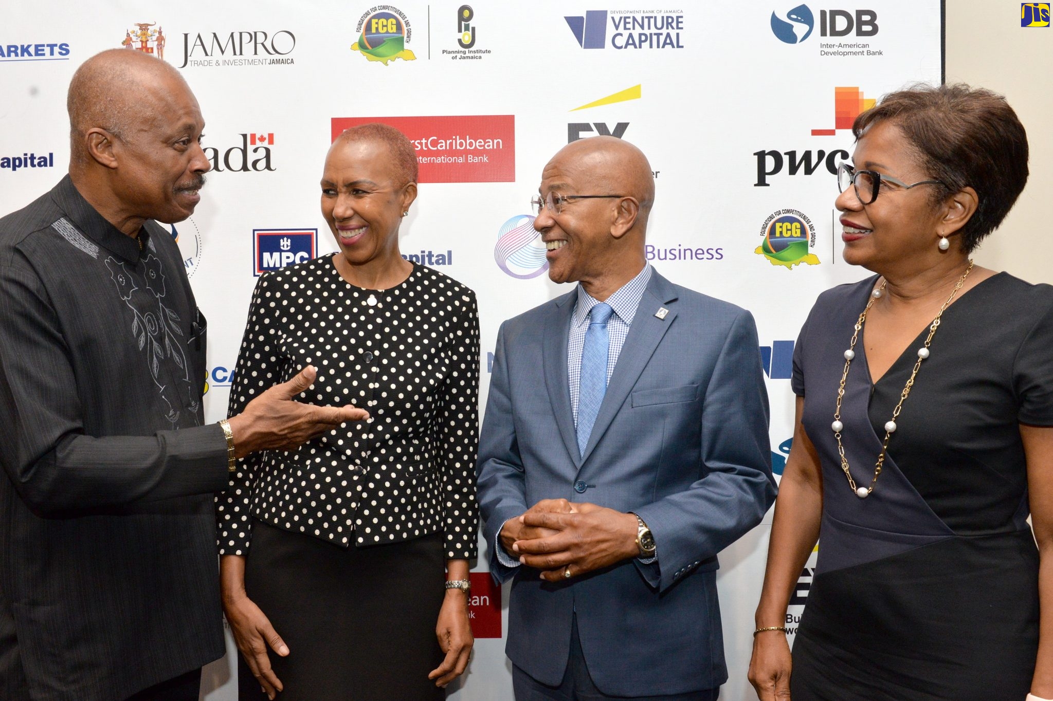 Minister of Science, Energy and Technology, Hon. Fayval Williams (second left), shares in conversation with (from left) Vice Chancellor, University of the West Indies, Professor Hilary Beckles; Managing Director, Development Bank of Jamaica (DBJ), Milverton Reynolds; and Director of Development, Office of the Vice Chancellor, UWI, St. Augustine, Dr. Stacy Richards-Kennedy during the DBJ’s 2019 Private Equity and Infrastructure Development Conference, at The Jamaica Pegasus hotel in New Kingston on June 12.