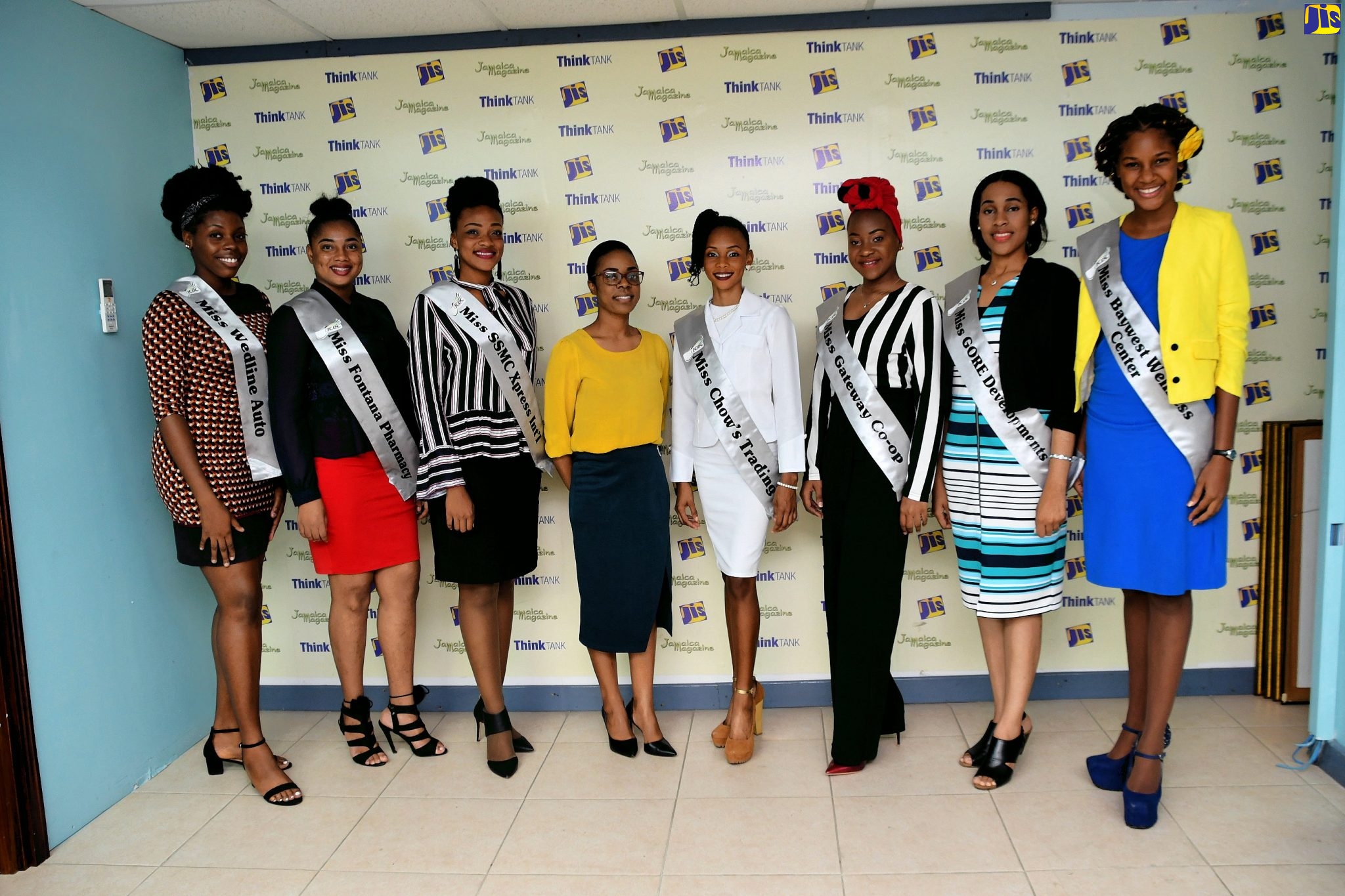 Manager, Jamaica Information Service (JIS), Montego Bay Regional Office, Tashion Hewitt Stennett (fourth left),  with the Jamaica Cultural Development Commission (JCDC) 2019 St. James Festival Queen contestants (from left),  Janelle Chambers, Sashagay Silk, Marcellee Kenion, Christene Coote, Chardonnae Parkins, Bianca McLeary and  Patrina Vernon, when they visited the  JIS Regional Office  on Thursday (June 6). The festival queen competition is slated to take place at the Iberostar Hotel, Rose Hall, on Sunday, June 30.