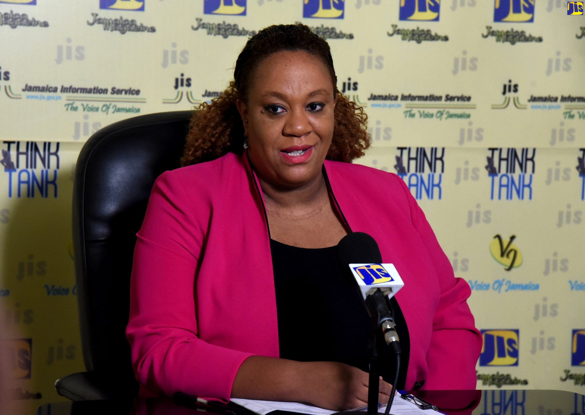 Citizen Security and Justice Programme (CSJP) III, Communications/Social Marketing Specialist, Patrice Tomlinson-Nephew, addresses a JIS Think on Friday, July 12.