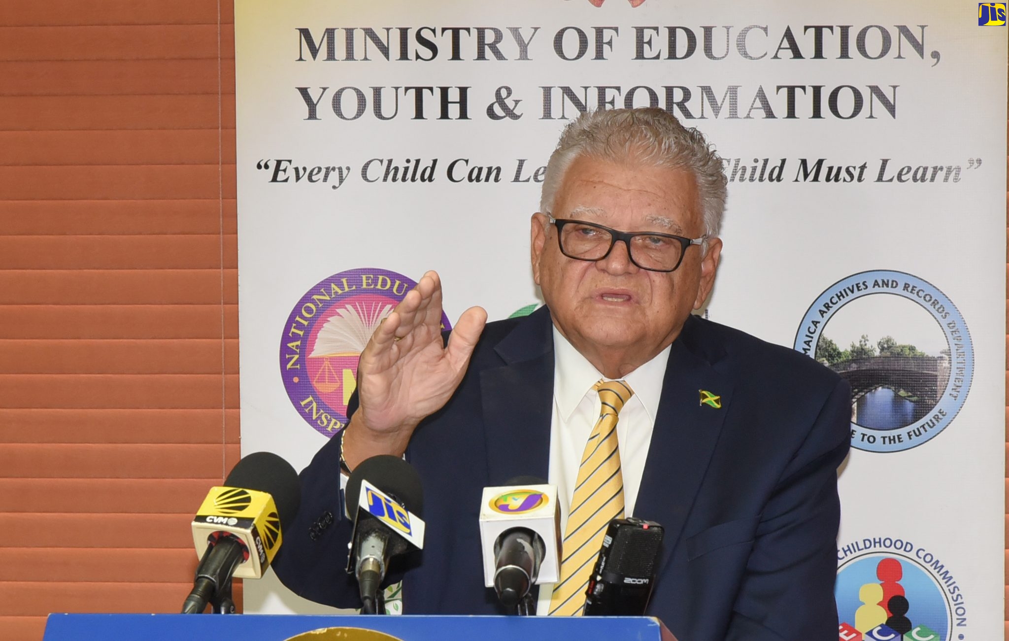 Minister without Portfolio with responsibility for Education, Youth and Information, Hon. Karl Samuda, presents the preliminary report for 2019 Caribbean Secondary Education Certificate during a press conference at the Ministry’s offices at National Heroes Circle on Wednesday (August 14).