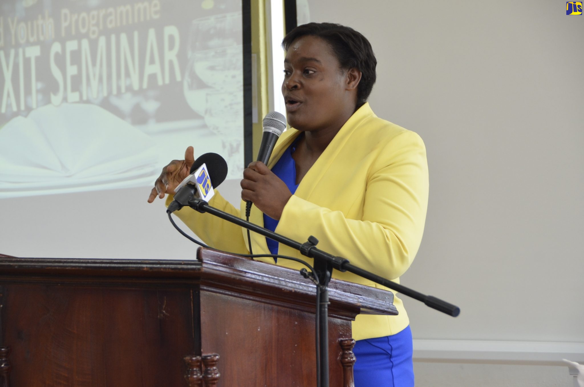 Principal of the HEART College of Hospitality Services, Shorna Myrie, addresses trainees of the HEART Trust/NTA National Unattached Youth Programme (NUYP), during its Job Readiness Exit, Skills Competition and Professional Seminar, which was held at the HEART College of Innovation and Technology in Montego Bay, St. James, recently. 