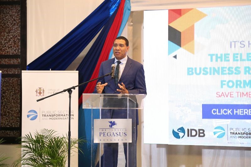The Most Hon Andrew Holness, Prime Minister speaking at the launch of the Electronic Business Forum at the Jamaica Pegasus Hotel on August 7, 2019. 