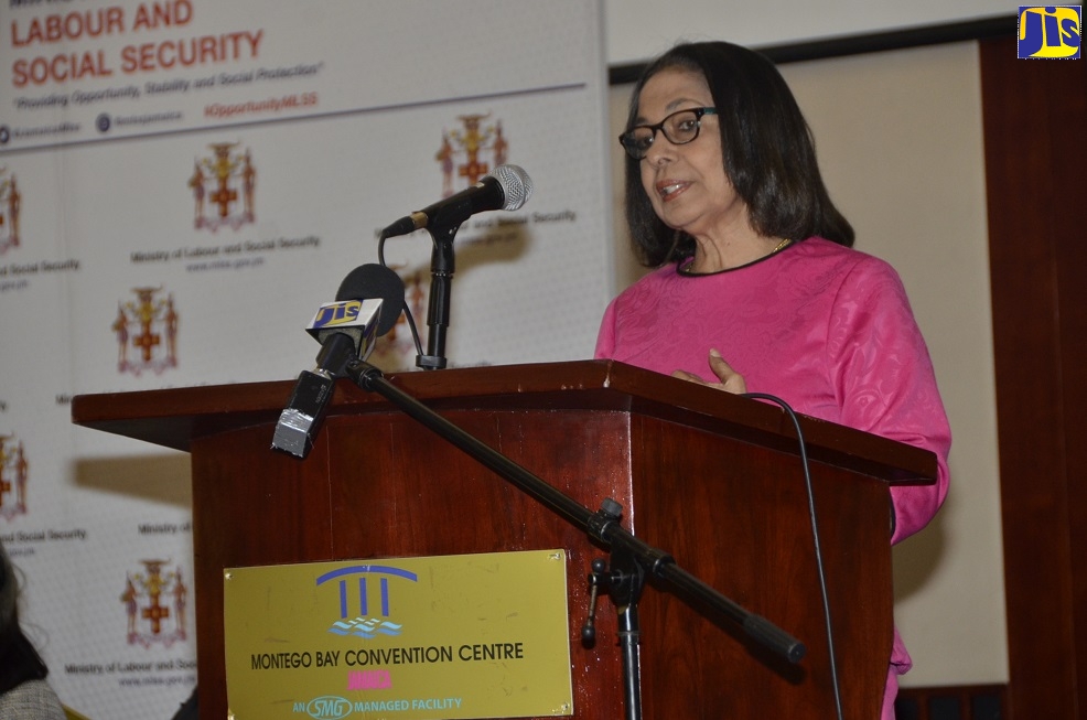 Minister of Labour and Social Security, Hon. Shahine Robinson, speaking at the Labour Department Roadshow at the Montego Bay Convention Centre, Rose Hall, St. James, on Thursday (September 12).