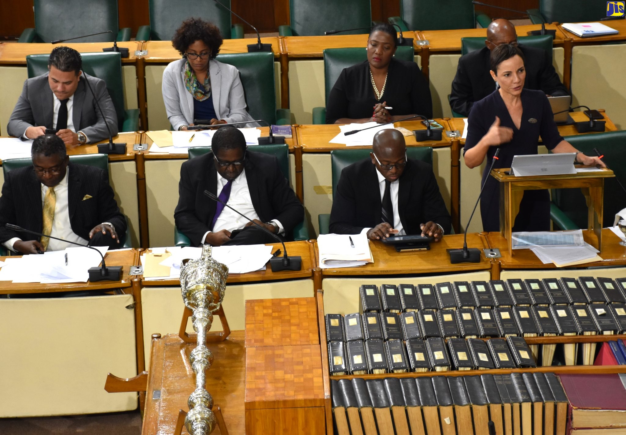 Minister of Foreign Affairs and Foreign Trade and Leader of Government Business in the Upper House, Senator the Hon. Kamina Johnson Smith (standing), emphasises a point while addressing Thursday’s (September 19) sitting of the Senate at Gordon House.