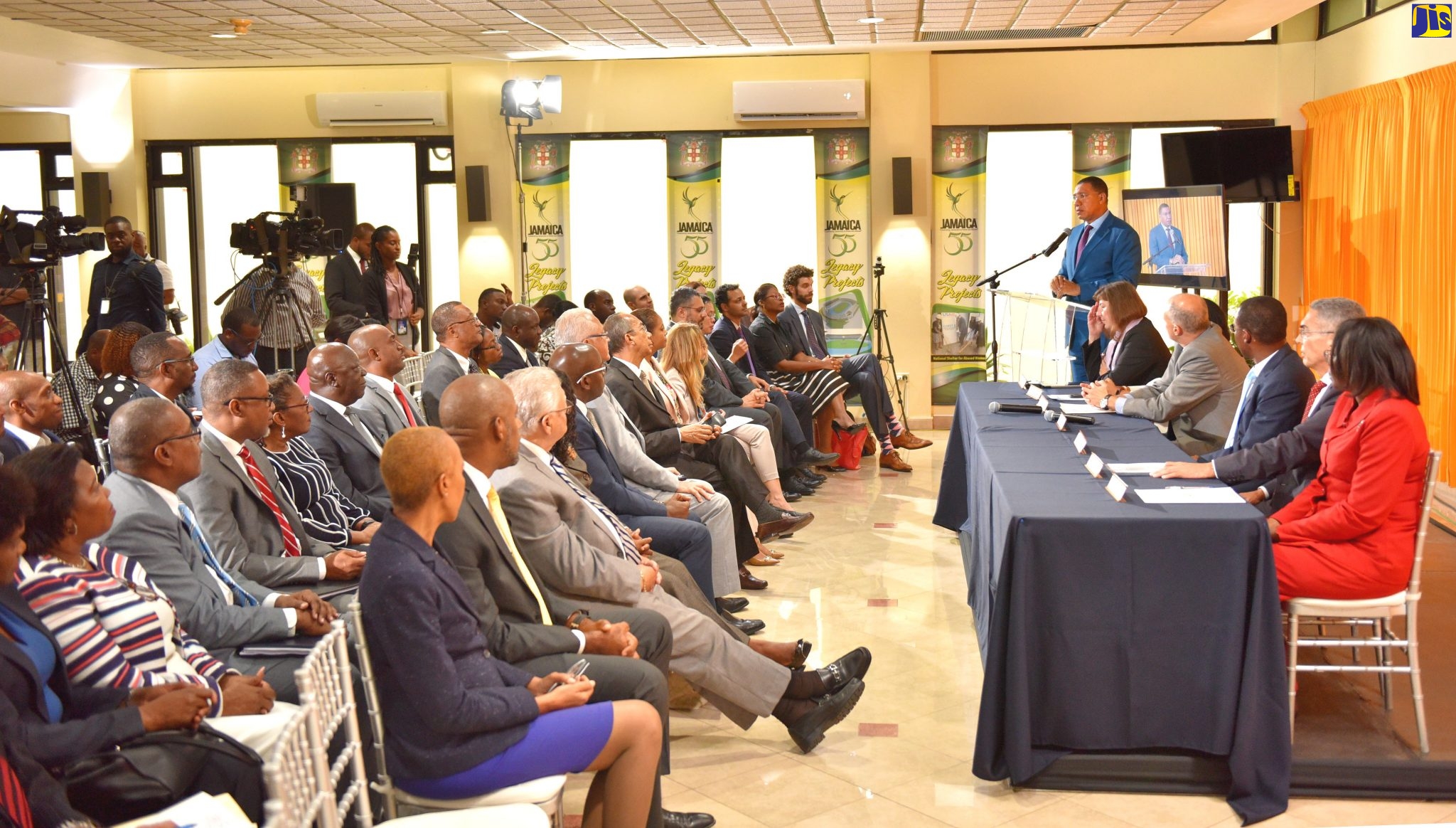 Prime Minister, the Most Hon. Andrew Holness (at podium) addresses a press conference at the Office of the Prime Minister on Wednesday (Sept. 18), to provide details about the International Monetary Fund’s (IMF) Final Review Mission under the Precautionary Stand-by Arrangement.