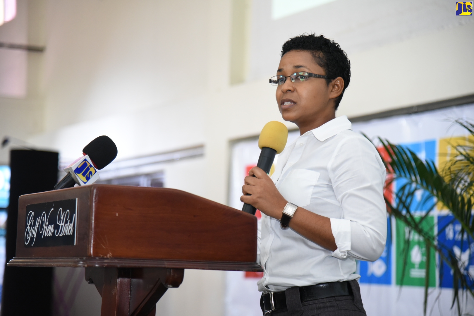 Social Protection Analyst at the Planning Institute of Jamaica (PIOJ), Camille Graham, addresses persons attending the Dialogue for Development Series public consultation on October 17 at the Golf View Hotel in Mandeville.