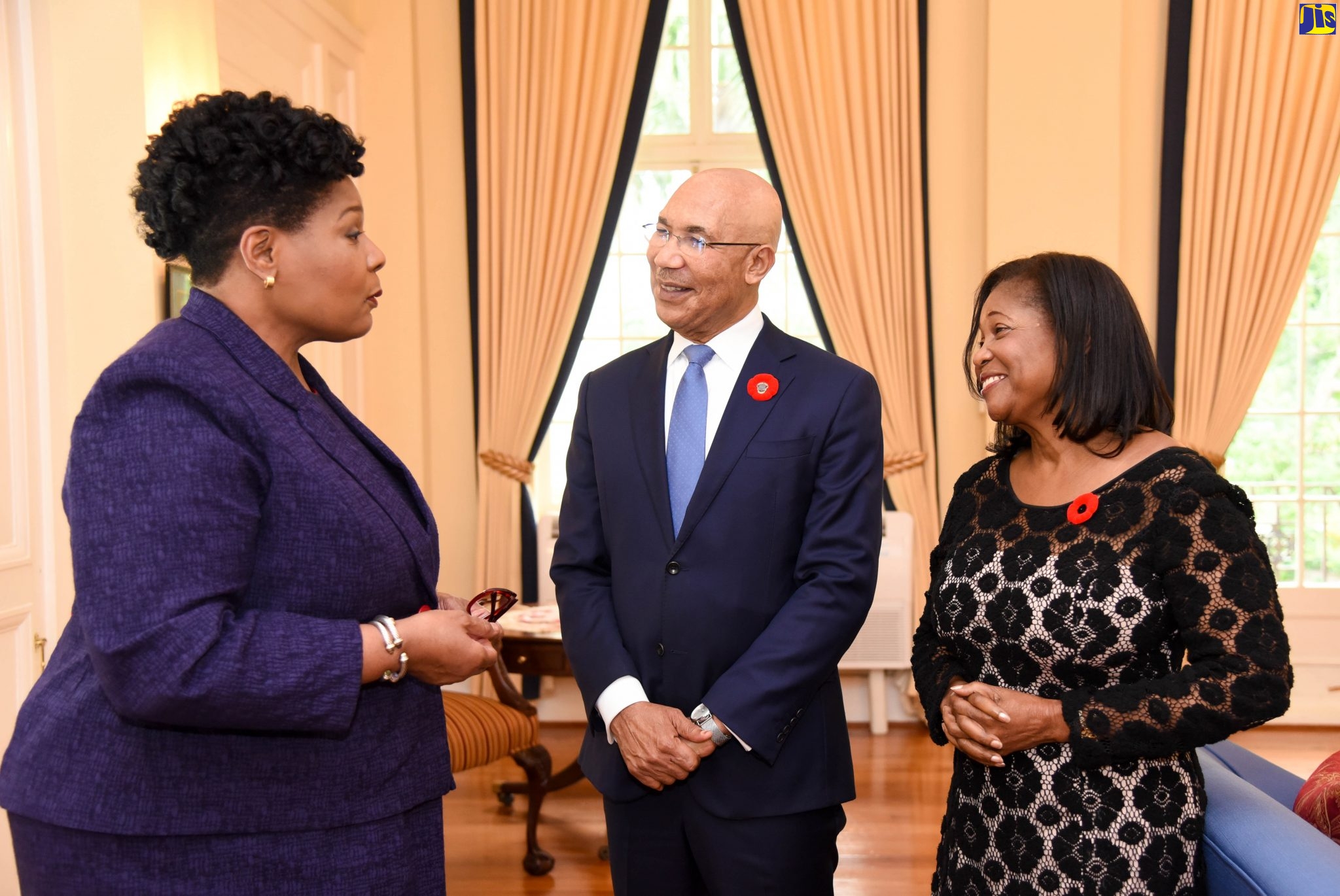 Their Excellencies, Governor-General, His Excellency the Most Hon. Sir Patrick Allen (centre) and Lady Allen (right), in conversation with President of the Republic of Trinidad and Tobago, Her Excellency Paula-Mae Weeks, when she visited King’s House on Thursday (October 24).