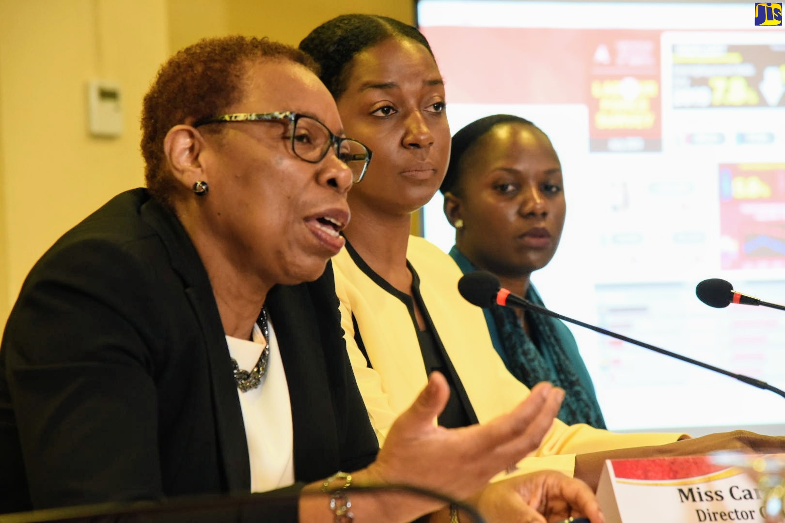 Director General of the Statistical Institute of Jamaica (STATIN), Carol Coy (left), speaking during today