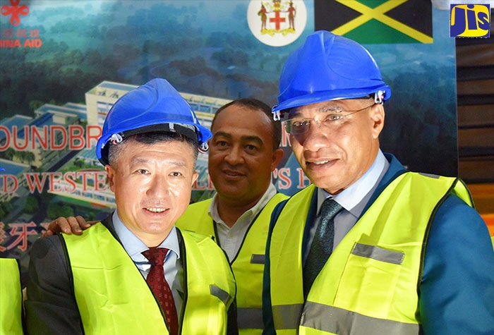 Prime Minister, the Most Hon. Andrew Holness (right), Minister of Health and Wellness, Dr. the Hon. Christopher Tufton (centre) and Ambassador of the People’s Republic of China, His ExcellencyTian Qi, prepare to break ground for the Western Children and Adolescents Hospital in Montego Bay, St. James, on October 23.