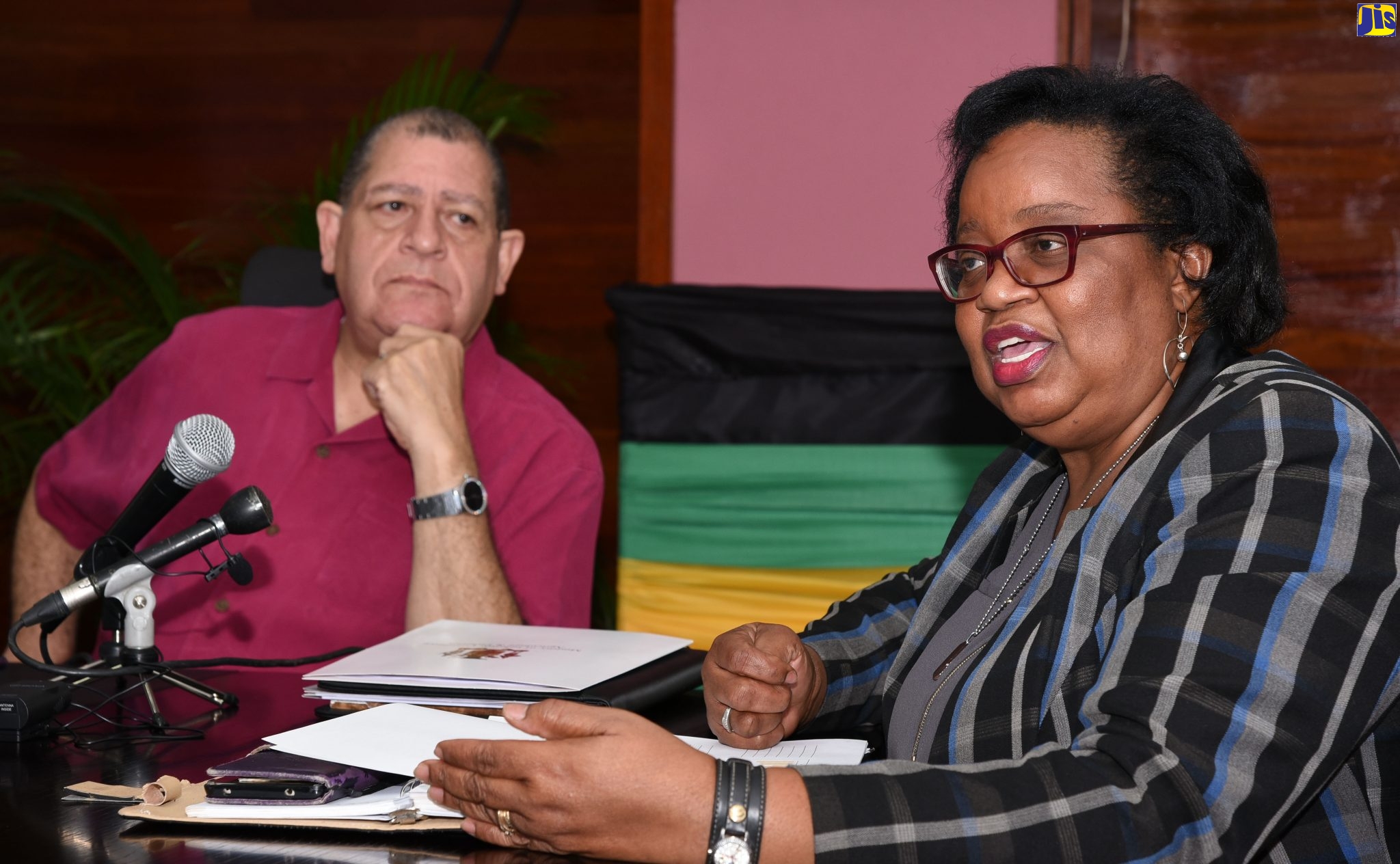 Minister of Industry, Commerce, Agriculture and Fisheries, Hon. Audley Shaw (left), listens to General Manager of the Banana Board, Janet Conie, as she addresses a media briefing on the management of the threat of the TR4 disease, on Wednesday (October 9), at the Ministry, Hope Gardens, in Kingston.