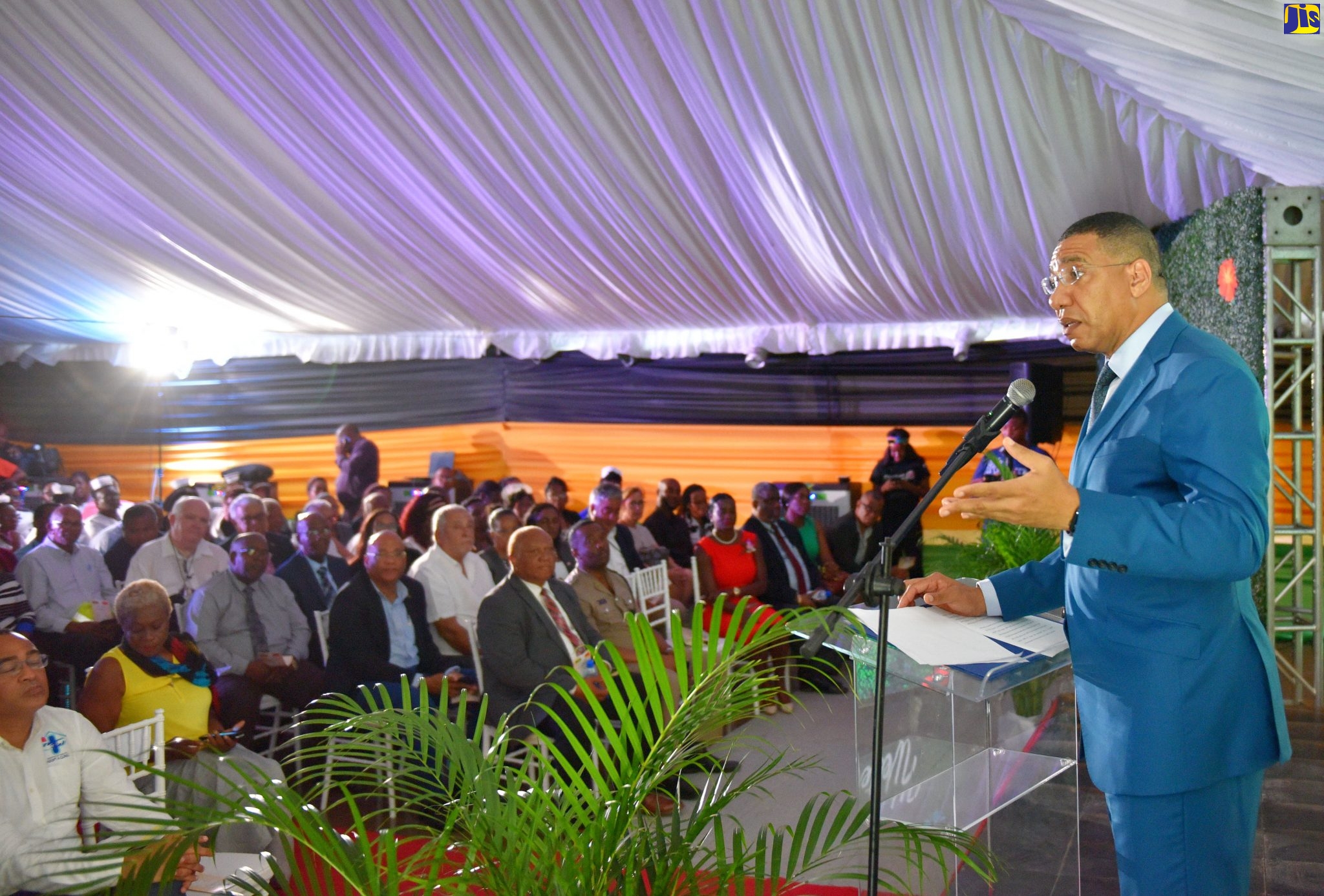 Prime Minister, the Most Hon. Andrew Holness, delivering the keynote address at the ceremony to break ground for the Western Children and Adolescents Hospital in Montego Bay, St. James, on October 23.