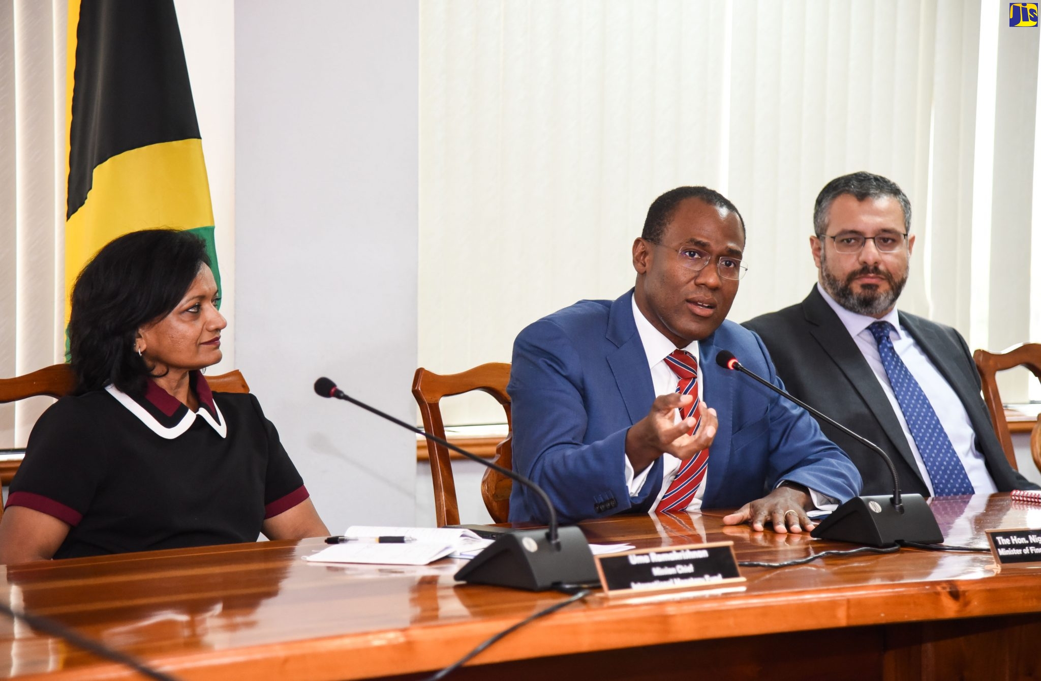 Minister of Finance and the Public Service, Dr. the Hon. Nigel Clarke, along with former International Monetary Fund (IMF) Mission Chief to Jamaica, Dr. Uma Ramakrishnan (left); and current IMF Resident Representative, Karim Youssef, during a recent media round-table forum at the Ministry’s offices in Kingston.