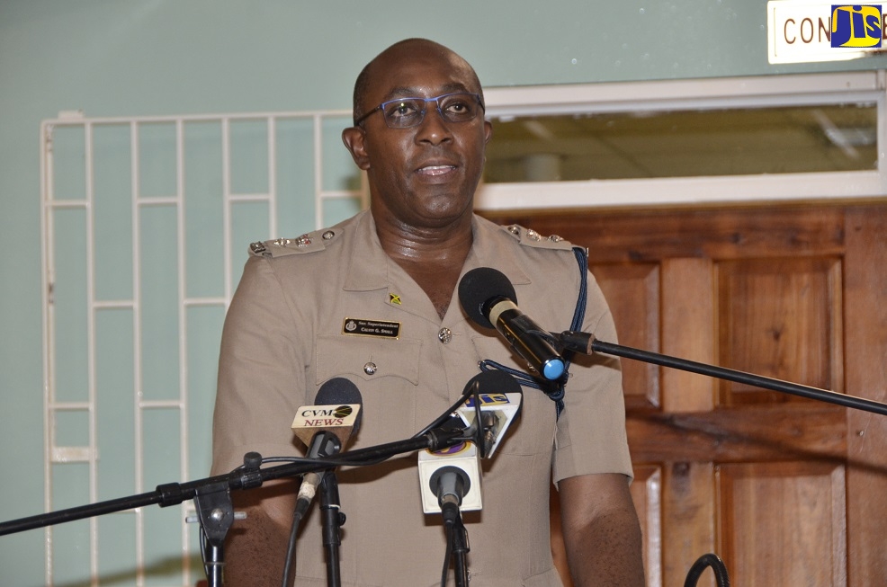 Head of the St. Ann police, Senior Superintendent Calvin Small, addresses a meeting of the St. Ann Chamber of Commerce at the Port Rhoades Complex in Discovery Bay, on Thursday, October 31.