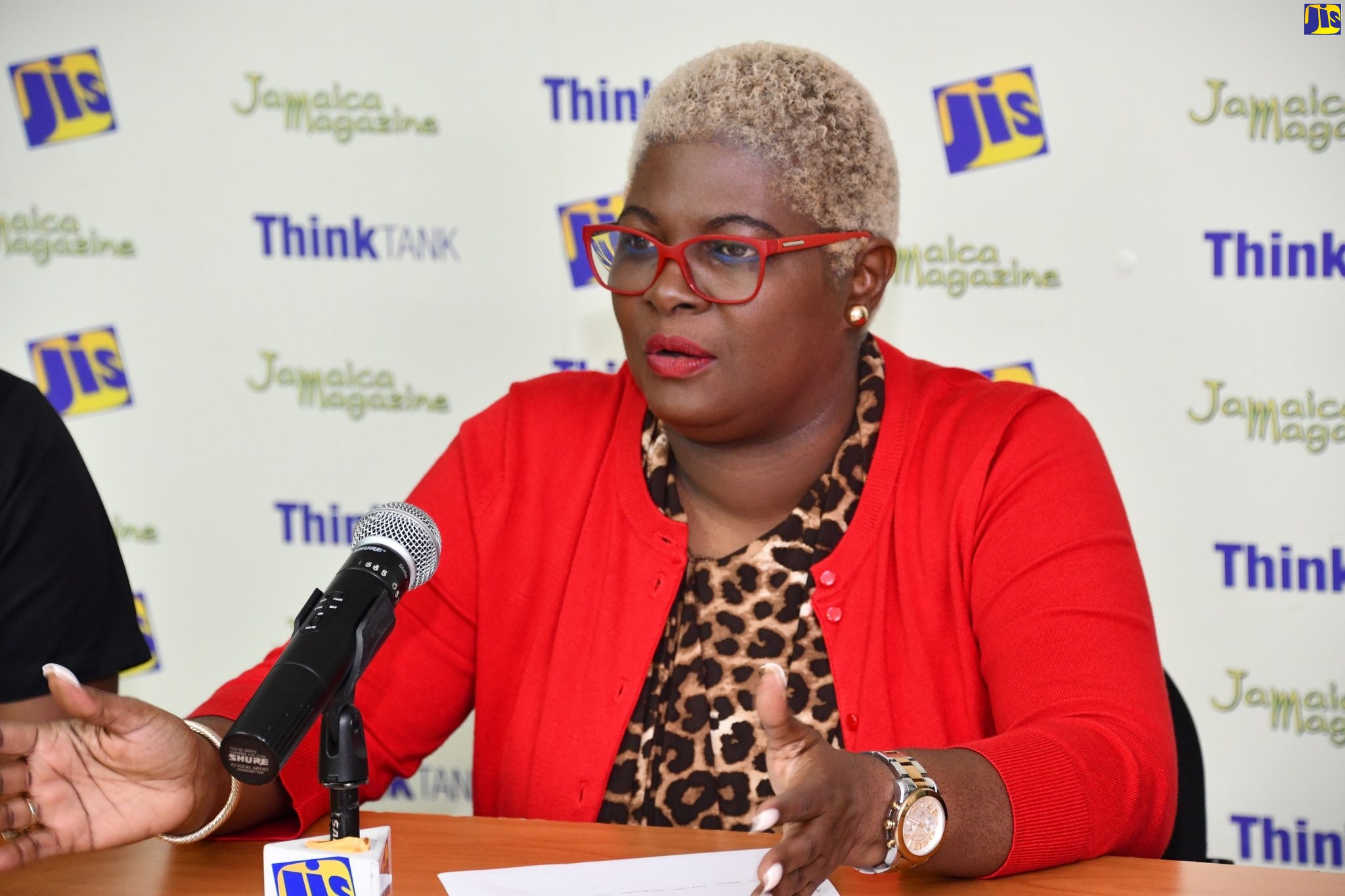 Business Process Industry Association of Jamaica (BPIAJ) Marketing Specialist, Cheryl Neufville-Crooks, addresses a Jamaica Information Service (JIS) ‘Think Tank’,  at the agency’s Regional Office in Montego Bay, St. James, on Monday, November 18.