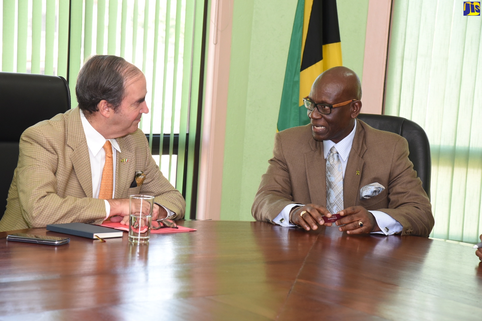 Minister of Local Government and Community Development, Hon. Desmond McKenzie (right), in discussion with the Mexican Ambassador to Jamaica, His Excellency Juan José González Mijares, when the Ambassador visited the Ministry on Hagley  Park Road, on November 5.