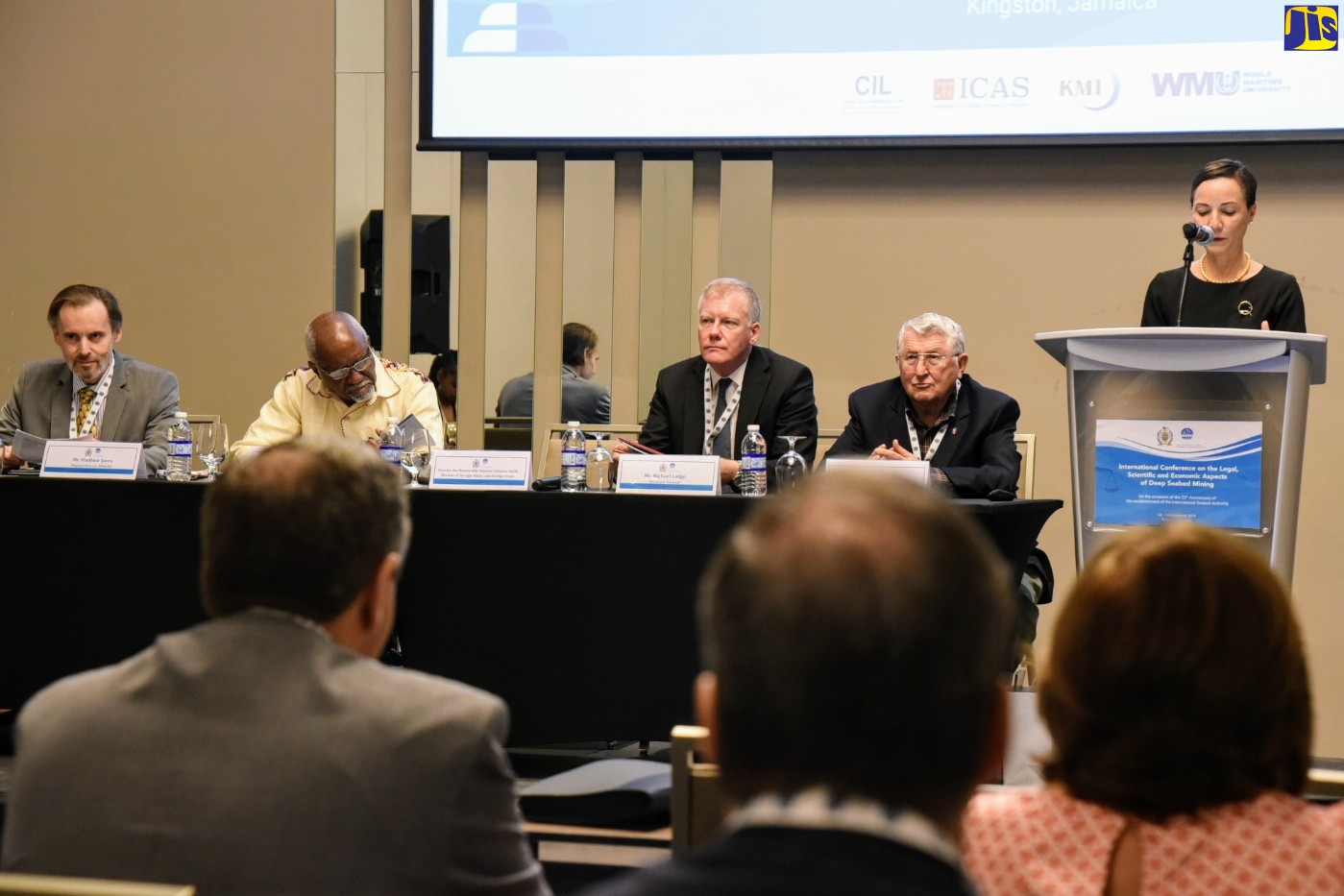 Minister of Foreign Affairs and Foreign, Senator, the Hon. Kamina Johnson Smith (at podium), addressing the International Conference on the Legal, Scientific and Economic aspects of Deep Seabed Mining at the AC Hotel Marriott in Kingston on Friday (November 15). Seated at the head table (from left) are: Deputy Director of the Division for Ocean Affairs and the Law of the Sea, Vladimir Jares; International Court of Justice Judge, Justice Patrick Robinson; Secretary-General, International Seabed Authority, Michael Lodge; and Associate Director  and Editor-in-Chief, Center for Oceans Law and Policy, University of Virginia School of Law, Professor Myron Nordquist.