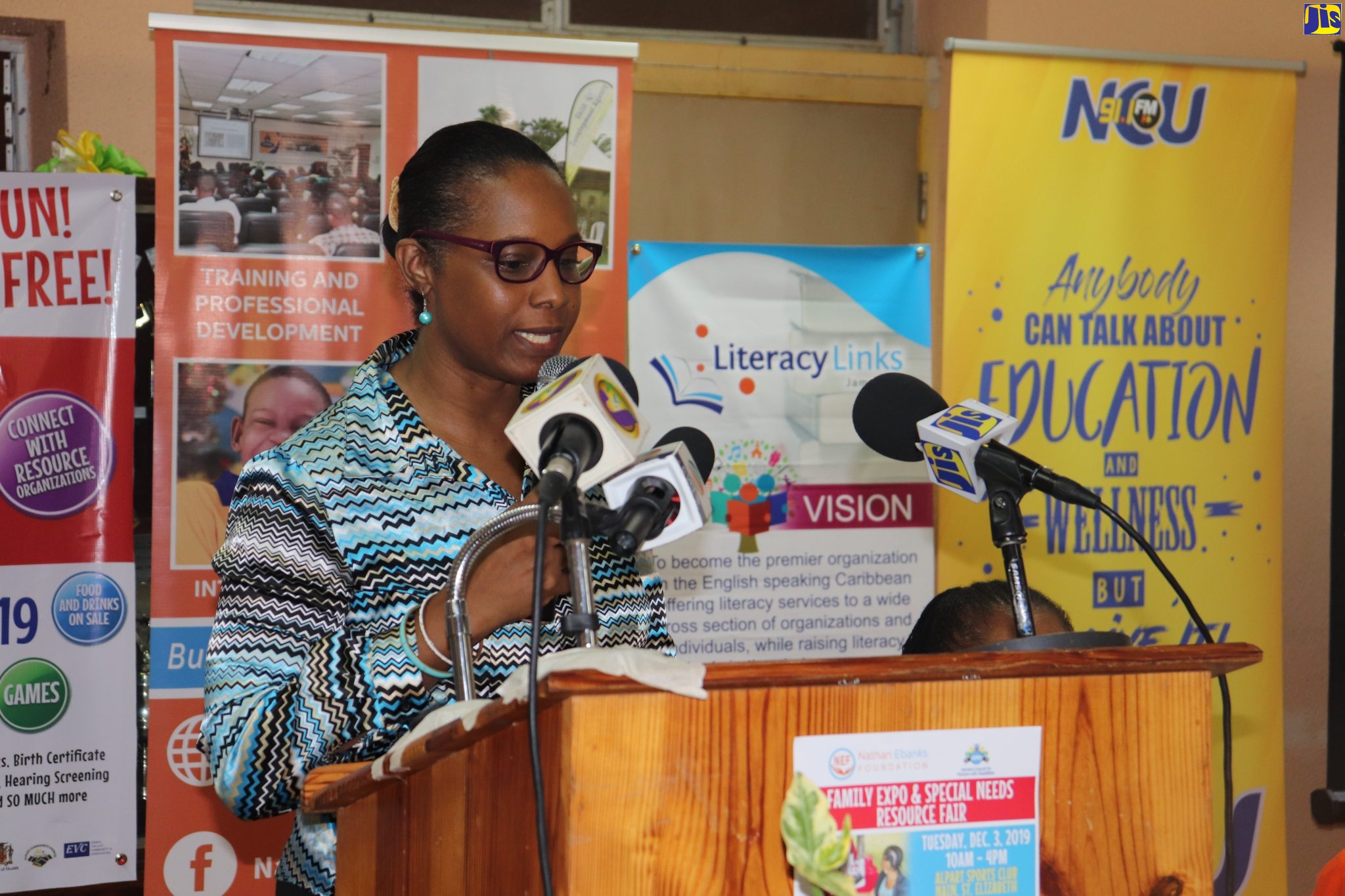 Chief Technical Officer in the Ministry of Labour and Social Security, Dionne Jennings, addresses the media launch of the Family Expo and Special Needs Resource Fair, in Nain, St. Elizabeth, on November 1. She spoke on behalf of State Minister in the Ministry, Hon. Zavia Mayne.