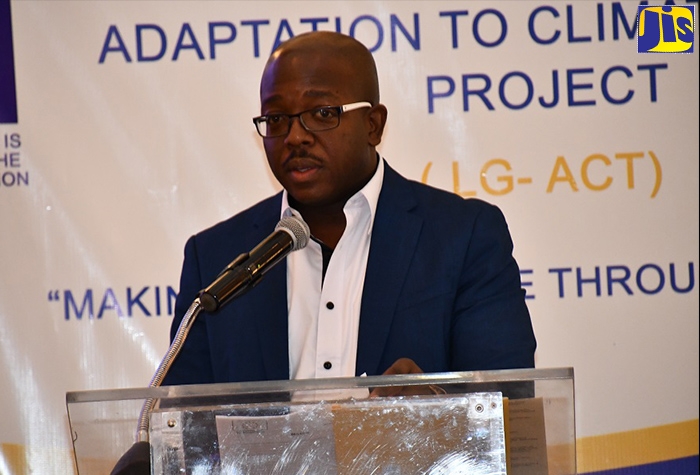 Minister without Portfolio in the Ministry of Economic Growth and Job Creation, Senator the Hon. Pearnel Charles Jr, gives the main address at the Westmoreland Municipal Corporation’s Local Government Adaption to Climate Change (LG-ACT) Project water conference, held at Sandals South Coast in Whitehouse, Westmoreland, on October 31.