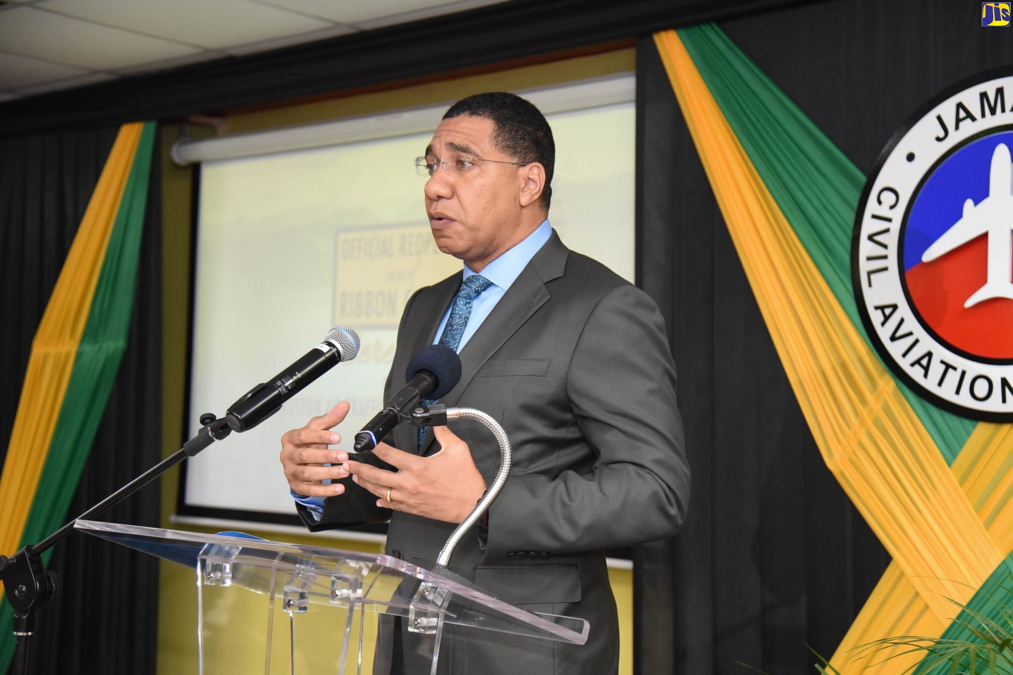 Prime Minister, the Most Hon. Andrew Holness, addresses the ribbon cutting ceremony at the re-opening of the recently upgraded Kingston air traffic control centre, in Kingston, on Wednesday, December 18.