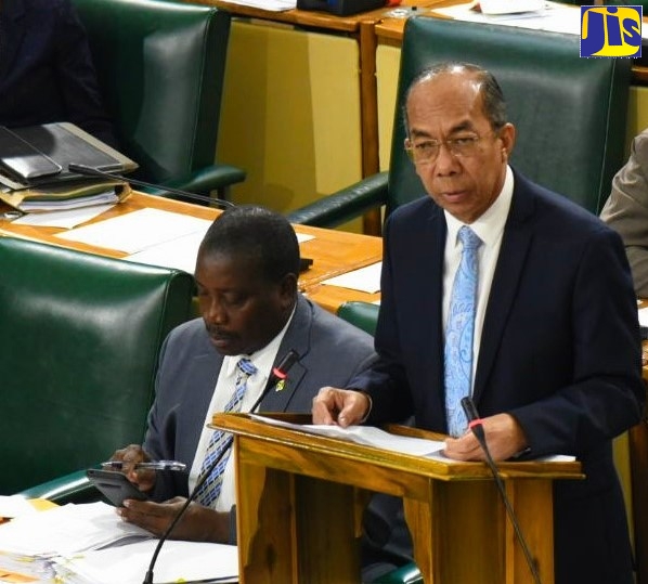 National Security Minister, Hon. Dr. Horace Chang, addresses the House of Representatives on December 10.  Seated at left is Minister of Transport and Mining, Hon. Robert Montague.