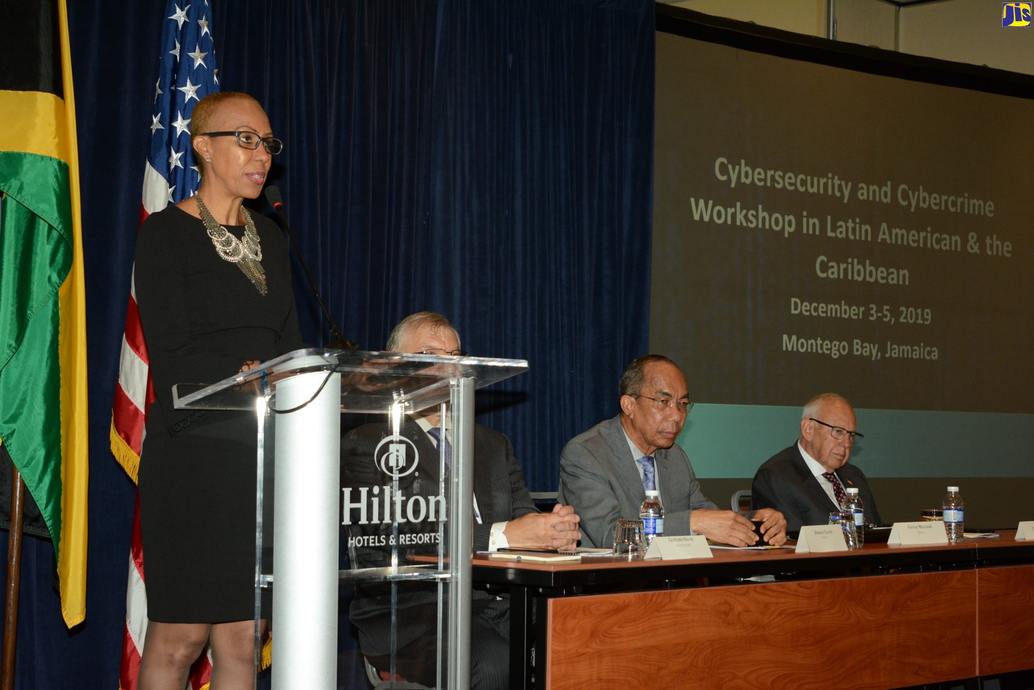 Minister of Science, Energy and Technology, Hon. Fayval Williams, addresses the opening of the cybercrime and cybersecurity forum for Latin America and Caribbean countries at the Hilton Rose Hall and Spa in St. James on December 2.