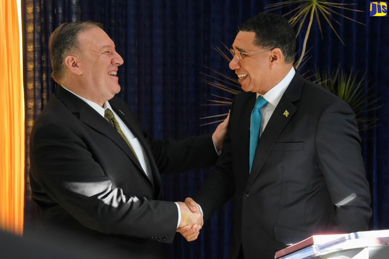 Prime Minister, the Most Hon. Andrew Holness (right), shares a light moment with United States (US) Secretary of State, Mike Pompeo, following a joint press conference, held at the Office of the Prime Minister on Wednesday (January 22). 