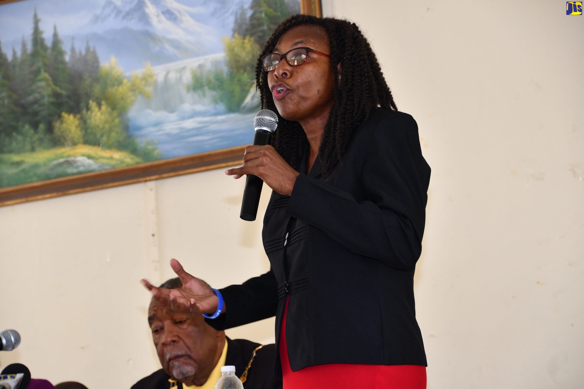 Medical Officer of Health for Westmoreland, Dr. Marcia Graham, addresses the monthly meeting of the Westmoreland Municipal Corporation, in Savanna-la-Mar, on Thursday (January 9). Listening keenly is Mayor of Savanna-la-Mar, Bertel Moore.