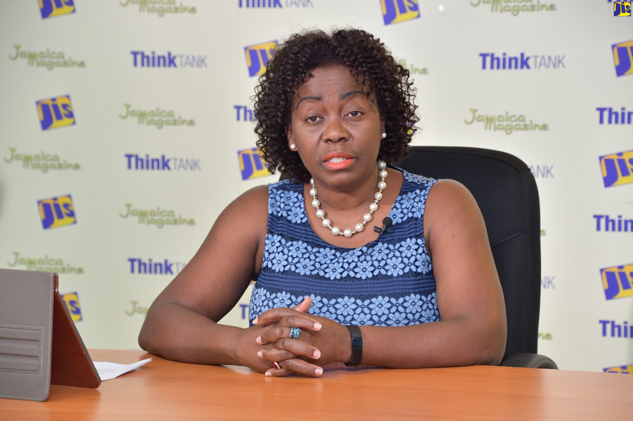 President of the Global Services Association of Jamaica (GSAJ), formerly the Business Process Industry Association of Jamaica (BPIAJ), Gloria Henry, addresses a JIS Think Tank.