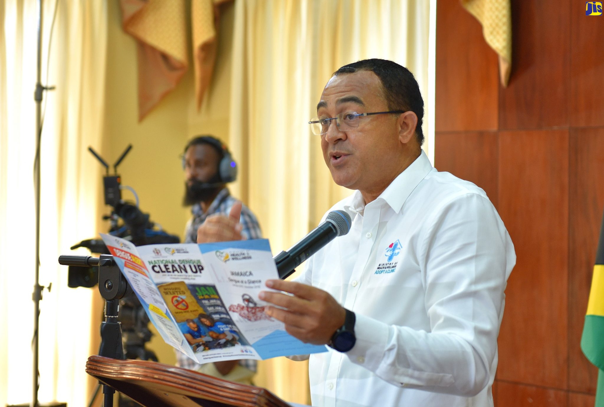 Minister of Health and Wellness, Dr. the Hon. Christopher Tufton, addresses a post-Cabinet press briefing about the National Dengue Clean-up plan, at Jamaica House on January 15.