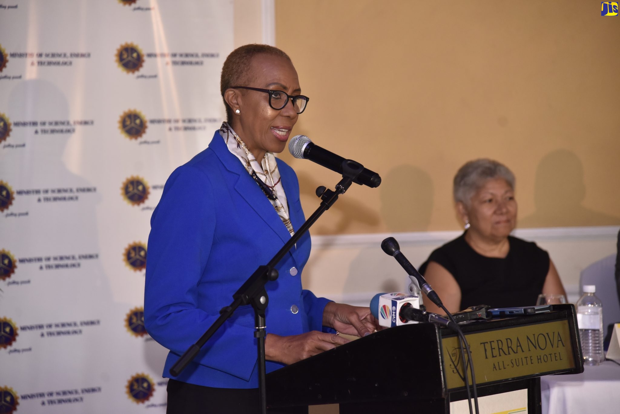 Minister of Science, Energy and Technology, Hon. Fayval Williams, speaks at the launch of the new National Public Key Infrastructure project, under NIDS, on Wednesday (January 15), at the Terra Nova All-Suite Hotel in Kingston At right is Technical Director, Strategic and Major Projects, Office of the Prime Minister, Jacqueline Lynch Stewart.