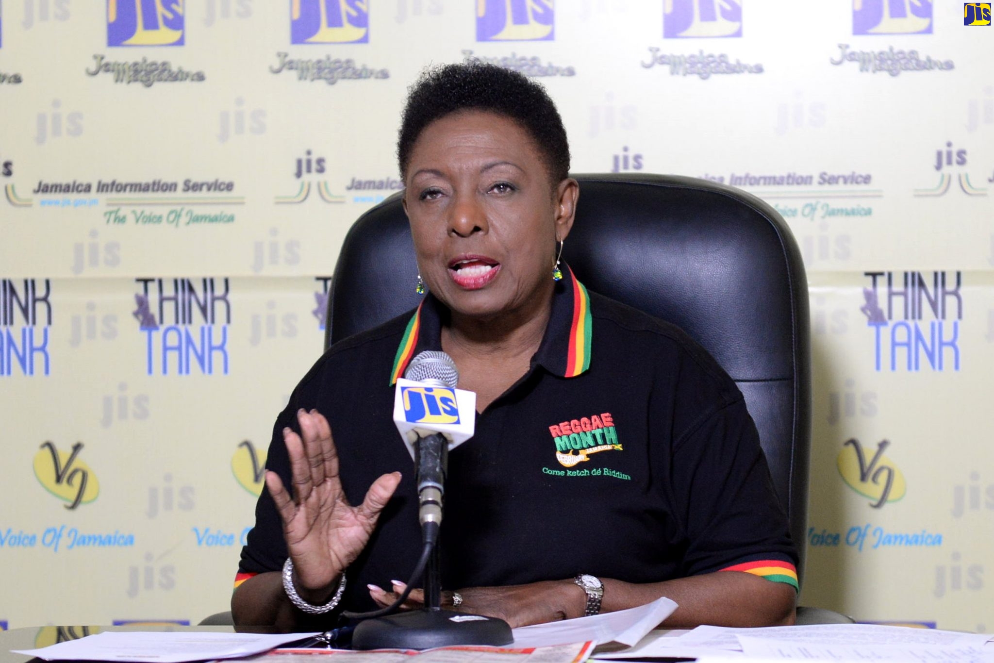 Minister of Culture, Gender, Entertainment and Sport, Hon. Olivia Grange, makes a point during a Jamaica Information Service (JIS) ‘Think Tank’, held at the agency’s head office in Kingston on Friday (January 24), to discuss Reggae Month activities.