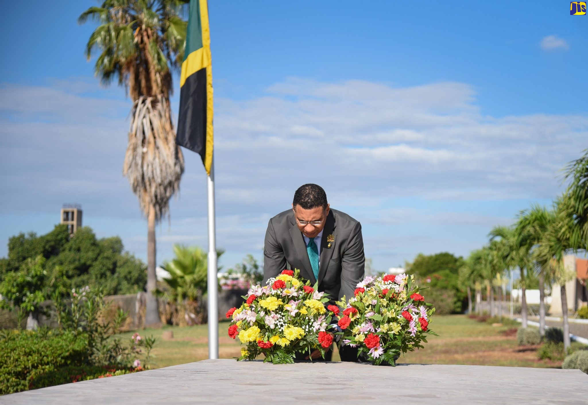 Prime Minister, the Most Hon. Andrew Holness, lays flowers at the shrine of National Hero, the Rt. Excellent Sir Alexander Bustamante, in honour of the 136th anniversary of his birth, during a floral tribute at National Heroes Park in Kingston, on Monday (February 24).