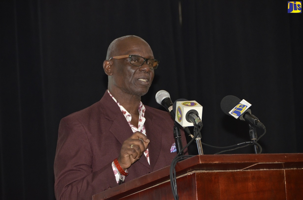 Minister of Local Government and Community Development, Hon. Desmond McKenzie, speaks at the inaugural Western Parks and Markets (WPM) Waste Management Limited Long Service Awards Banquet, held at the Montego Bay Convention Centre, St. James, on February 25.