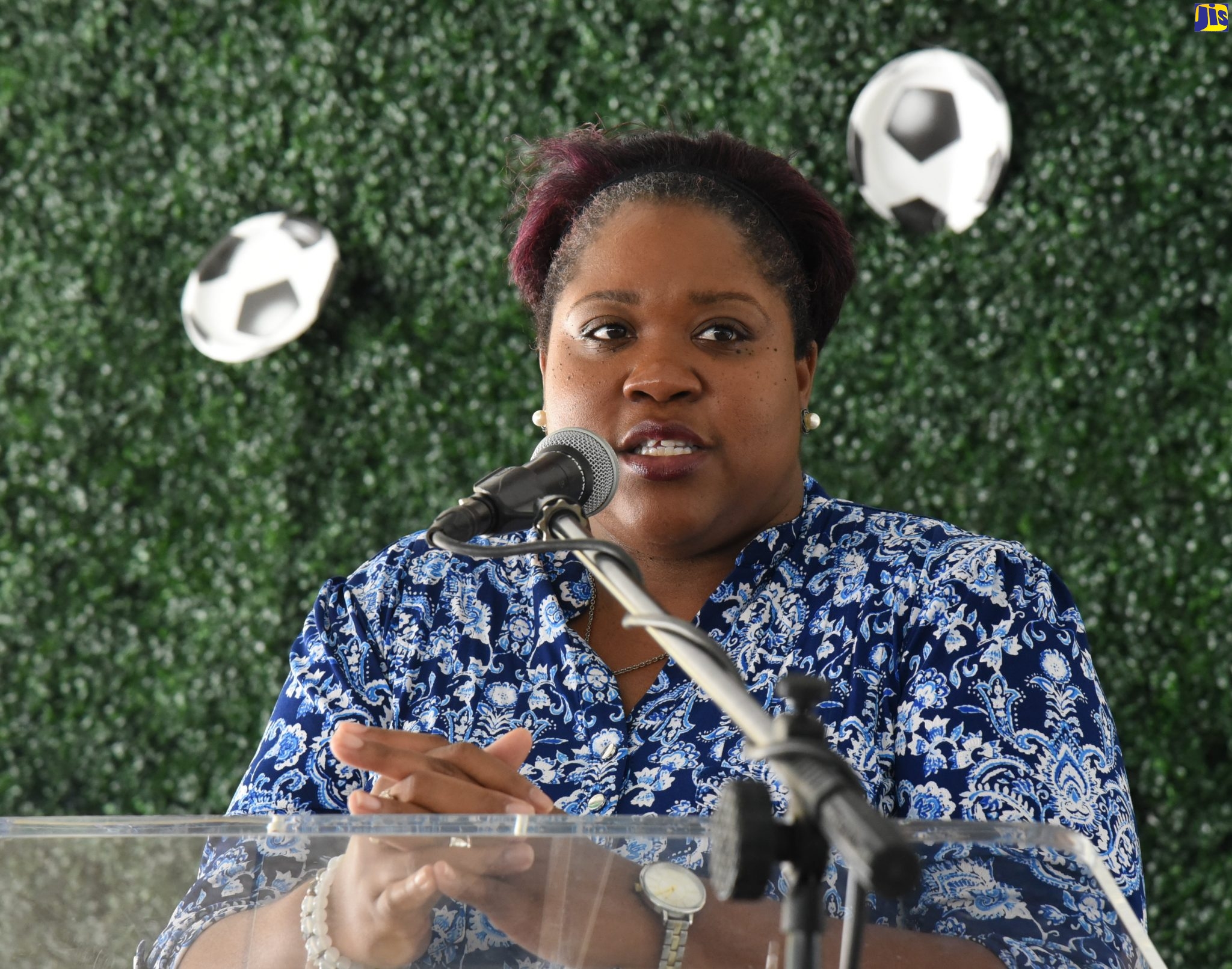 Chief Technical Director in the Ministry of National Security, Shauna Trowers, speaks at the launch of the Liv Gud/Goals 4 Life Inter-Community Football Competition, on Friday, January 31, at the Breezy Castle football field, in Downtown Kingston.