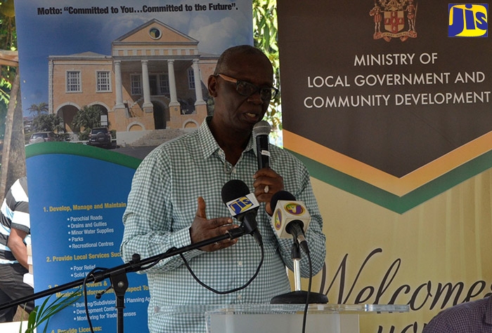 Minister of Local Government and Community Development, Hon. Desmond McKenzie, addresses the official handover of a home for an indigent resident in Stettin, South Trelawny, on January 29.
