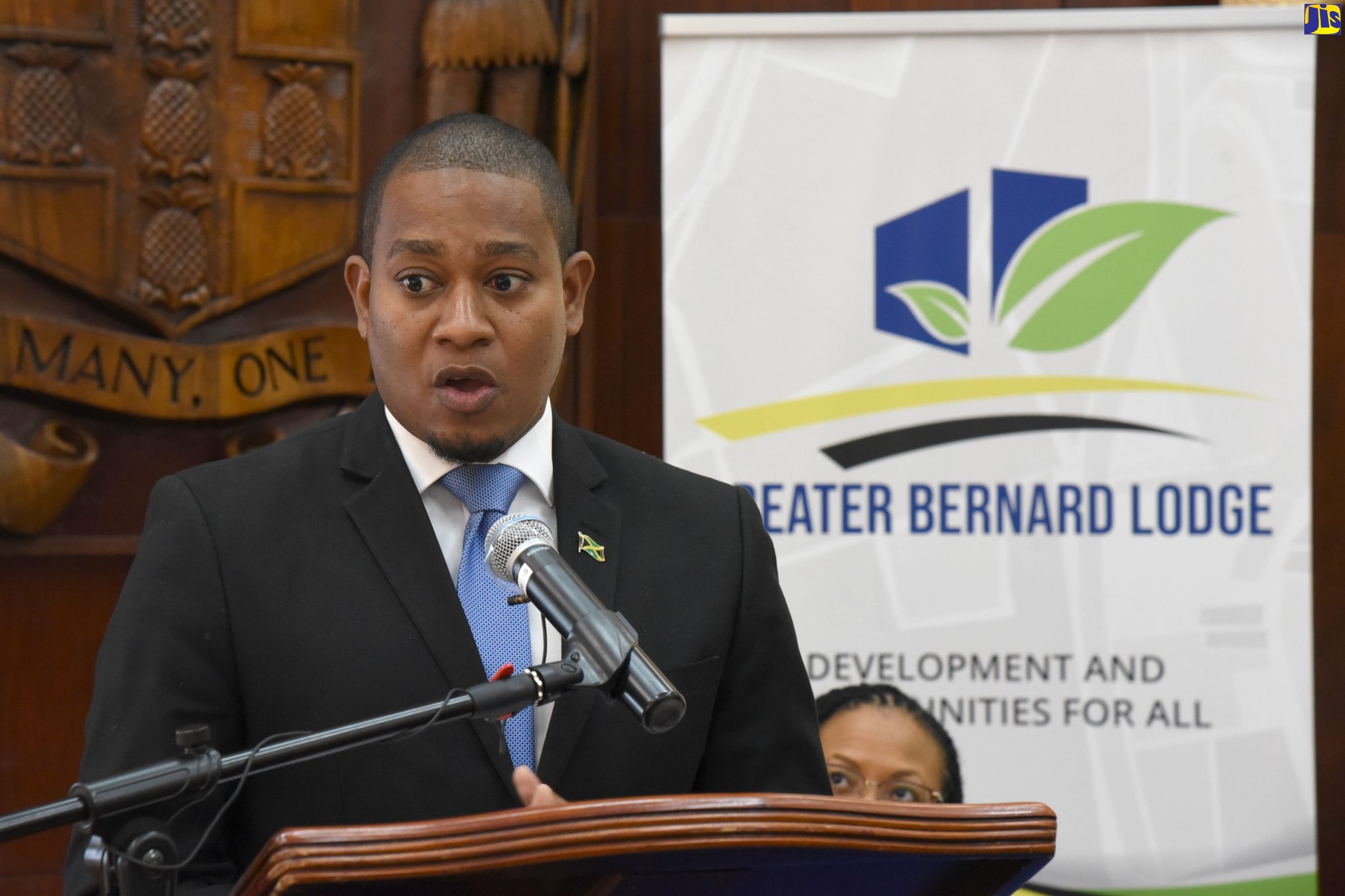 Minister of State in the Ministry of Industry, Commerce, Agriculture and Fisheries, Hon. Floyd Green, addresses the recent media launch of the Greater Bernard Lodge Development Plan, held at Jamaica House in St. Andrew.
