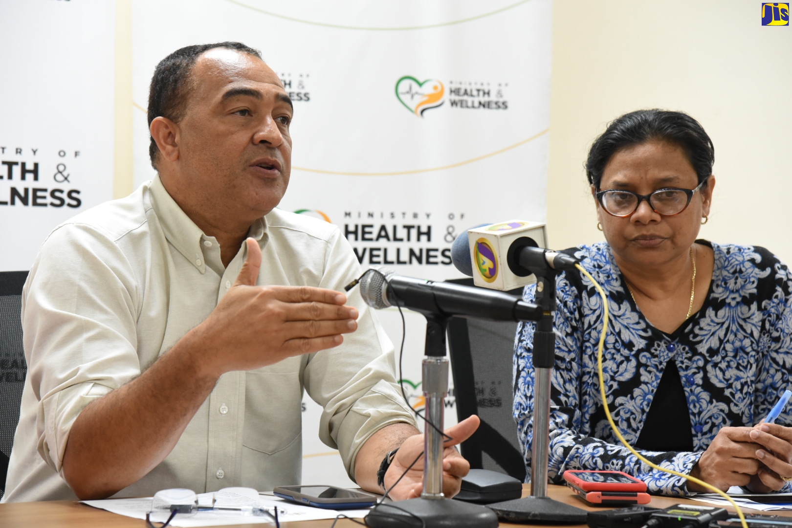 Minister of Health and Wellness, Dr. the Hon. Christopher Tufton (left), addresses the media at a press conference on Monday (February 10). With the Minister is Chief Medical Officer, Dr. Jacquiline A. Bisasor-McKenzie.