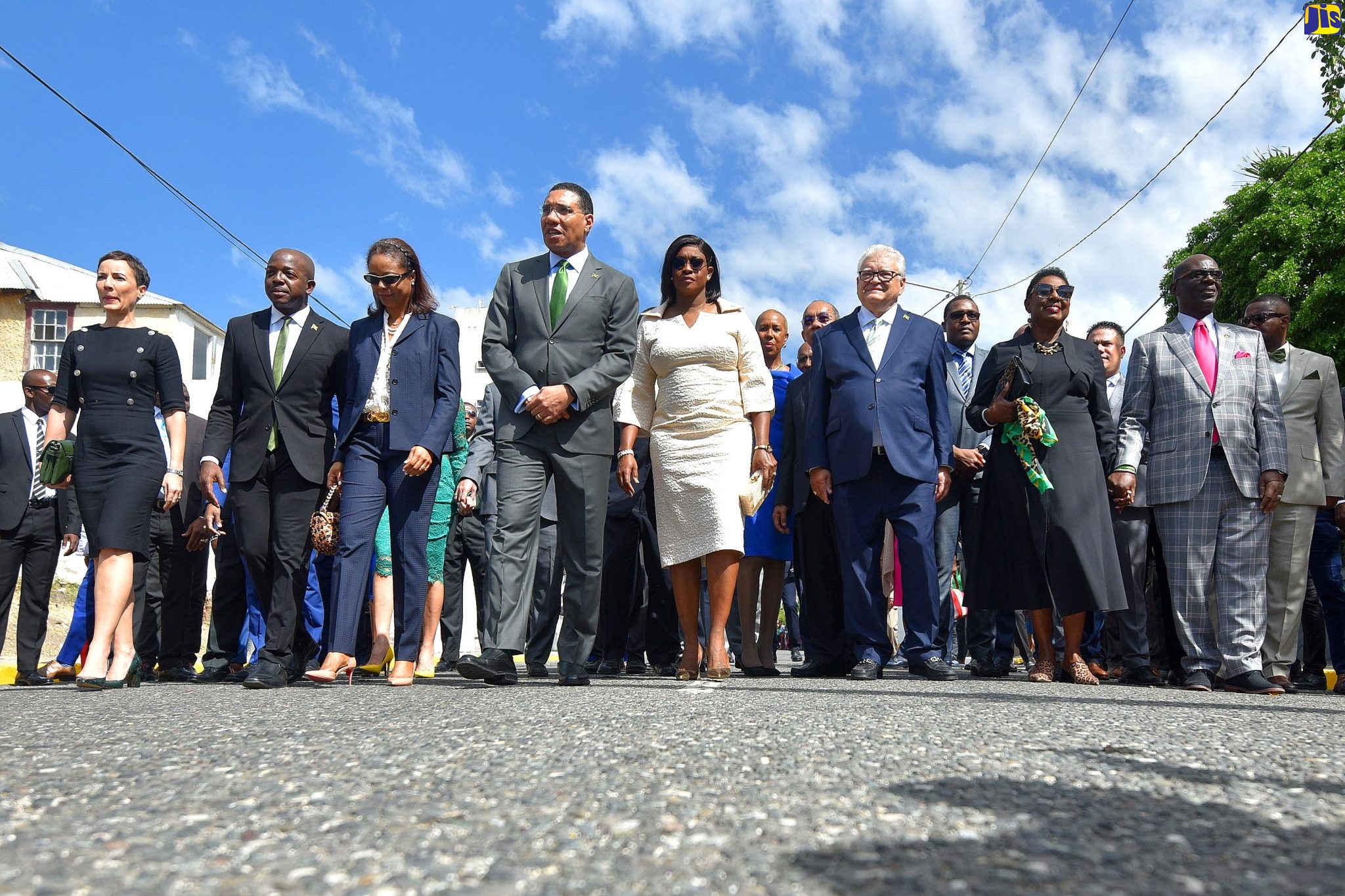 Prime Minister, the Most Hon. Andrew Holness (fourth left); and his wife, Member of Parliament for St. Andrew East Rural, the Most Hon. Juliet Holness (fifth left), lead Government Ministers into Gordon House at the Ceremonial Opening of Parliament on February 11. From left are Minister of Foreign Affairs and Foreign Trade, Senator the Hon. Kamina Johnson Smith; Minister without Portfolio in the Ministry of Economic Growth and Job Creation, Senator the Hon. Pearnel Charles Jr.; Attorney General, Marlene Malahoo Forte; Minister without Portfolio, with oversight for the Education, Youth and Information Ministry, Hon. Karl Samuda; Minister of Culture, Gender, Entertainment and Sport, Hon. Olivia Grange; and Minister of Local Government and Community Development, Hon. Desmond McKenzie.