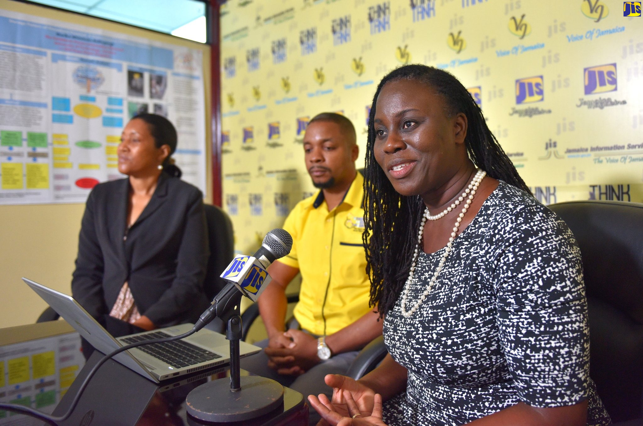 Researcher and winner of the award for best poster presentation at the 2019 staging of the National Health Research Conference, Shericka Whitelocke Ballingsingh (right), addresses a recent JIS ‘Think Tank”,  on the finding of her study on childhood poisoning in Jamaica.  With her (from left) are Director of the Epidemiological Research and Data Analysis Unit at the Ministry of Health, Dr. Andriene Grant; and medical doctor and researcher, Dr. Ijah Thompson, who won the award for the Most Impactful at the conference.