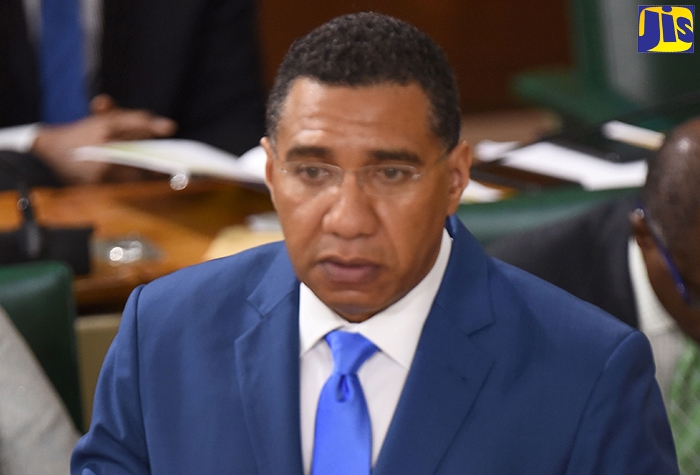 Prime Minister, the Most Hon. Andrew Holness, delivering his Budget presentation in Gordon House on Thursday (March 19).